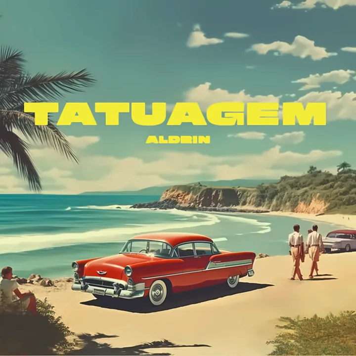 Capa do single Tatuagem: carro vermelho antigo em frente a uma praia